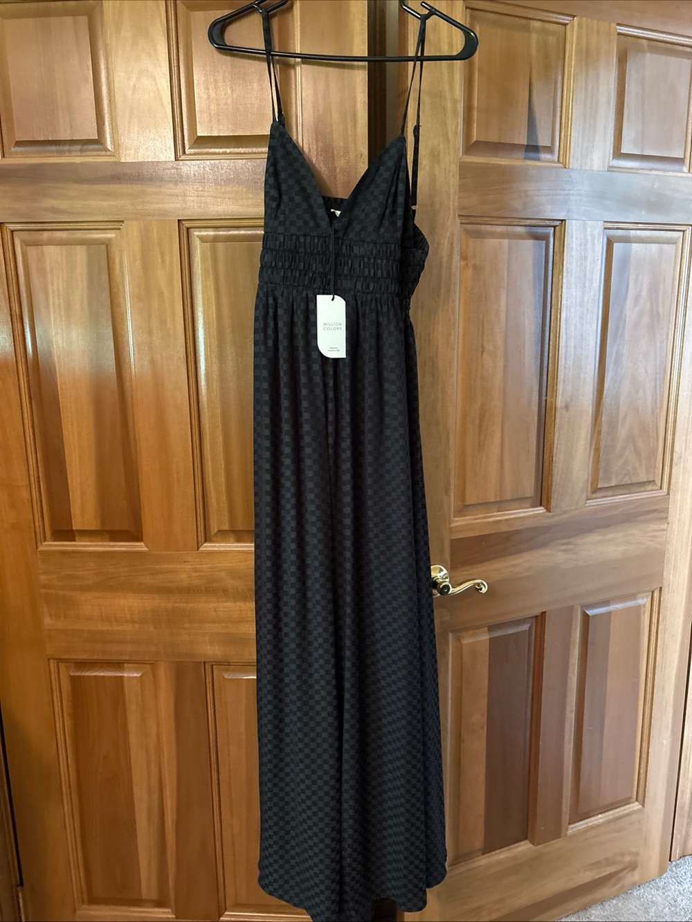 Smocked V-Neck Black Maxi Dress with Spaghetti Straps